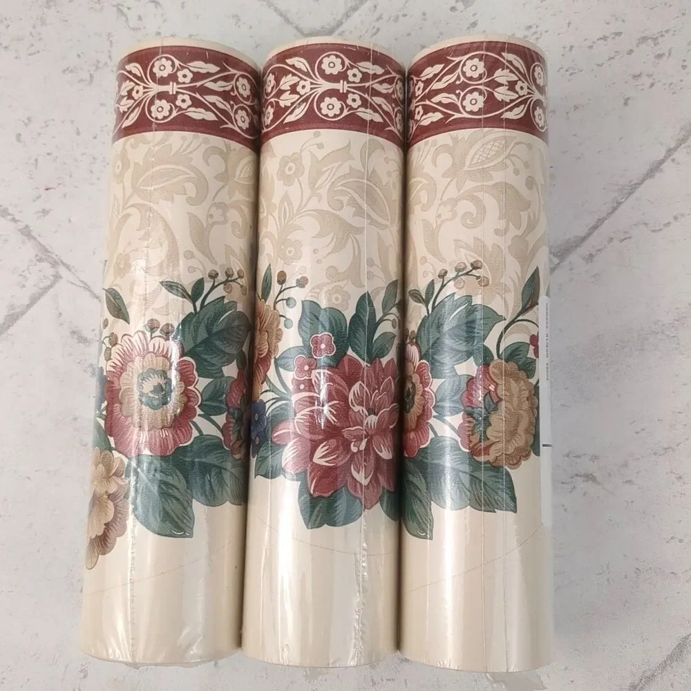 3 Rolls Wallpaper Scalloped Edge Border Burgundy Victorian Floral 5 YD Rolls NEW